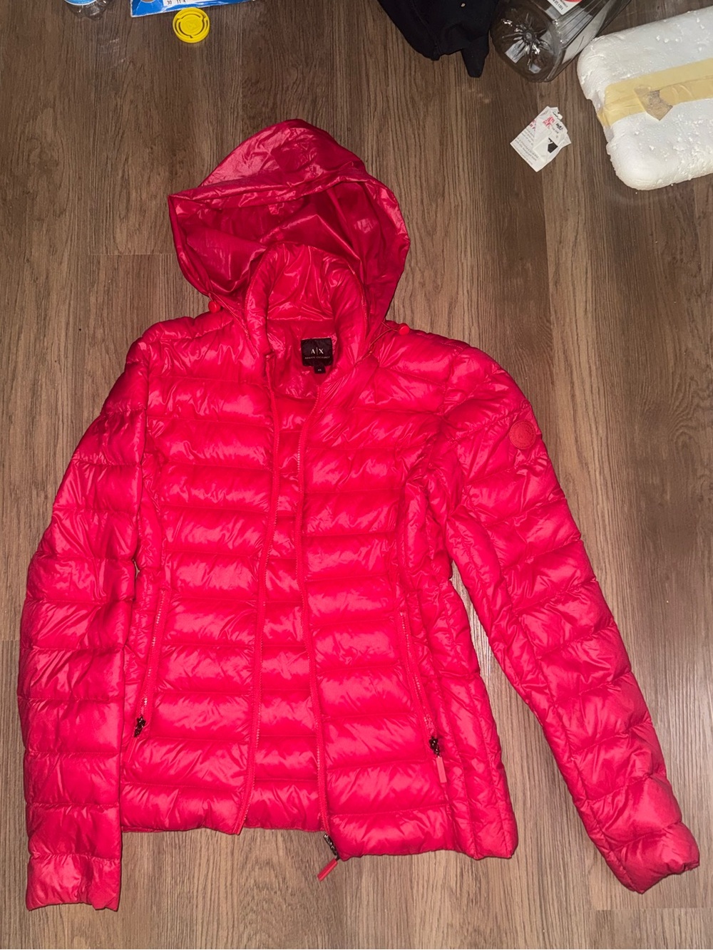 Armani Exchange Women's Bright Red Hooded Puffer Jacket